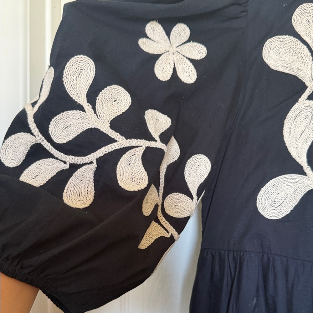 Anthropologie Black dress w/ Cream Rope-Style Floral Embroidery - Picture 4 of 8